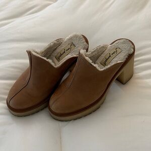 Free People Tan Leather Shearling Clog Mules